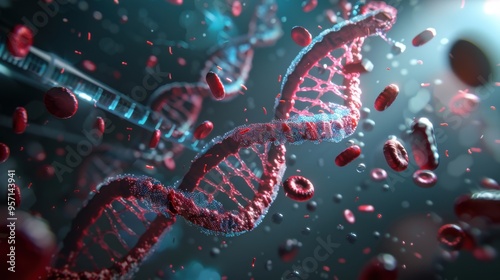 Digital illustration of DNA strands and red blood cells symbolizing genetic research and biotechnology advancements.