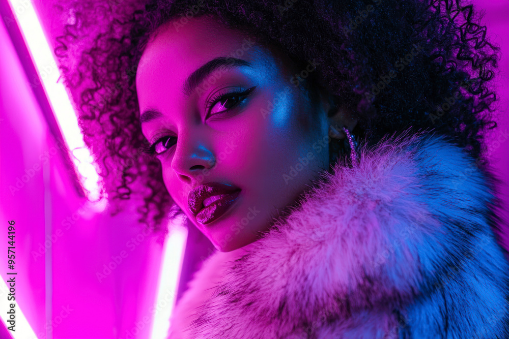 Fototapeta premium African american woman in stylish fur coat looking at camera while standing under violet neon stripes.