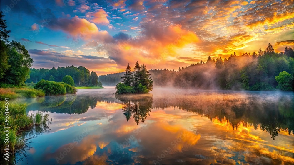 Vibrant swirled mist rises above a tranquil lake, surrounded by lush greenery, amidst a kaleidoscope of warm sunset hues, evoking serenity and natural wonder. Vibrant swirled mist rises above a tranquil lake, surrounded by lush greenery, amidst a kaleidoscope of warm sunset hues, evoking serenity and natural wonder.