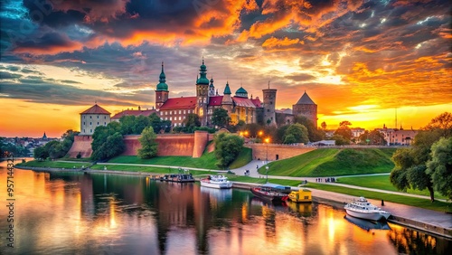 Vibrant sunset over the majestic Wawel Castle with its stunning architecture and scenic Vistula Riverbank in the historic city center of Krakow, Poland. photo