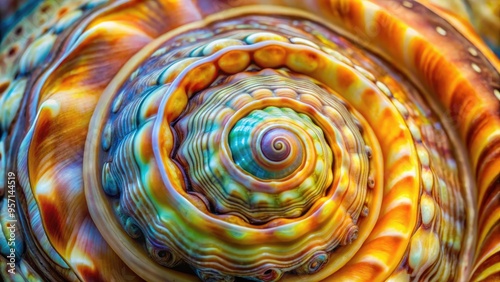 Vibrant, swirling patterns adorn the intricate, spiraling architecture of a mollusk shell, showcasing delicate textures and colors in mesmerizing macro detail. photo