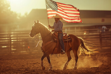 American flag displayed on horseback at a rodeo.