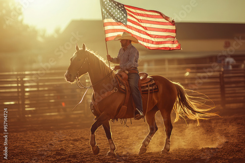 American flag displayed on horseback at a rodeo.
