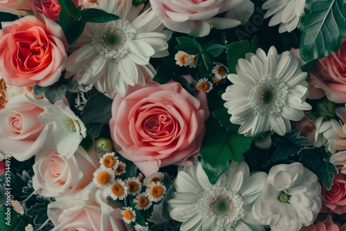 A vibrant bouquet of flowers featuring a variety of roses, daisies, and other blooms in shades of pink, white, and green leaves.