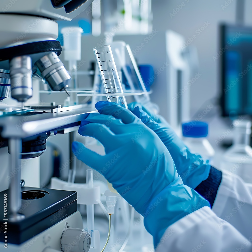 Crop view of hand of researcher using medical equipment for doing test in laboratory Crop view of hand of researcher using medical equipment for doing test in laboratory