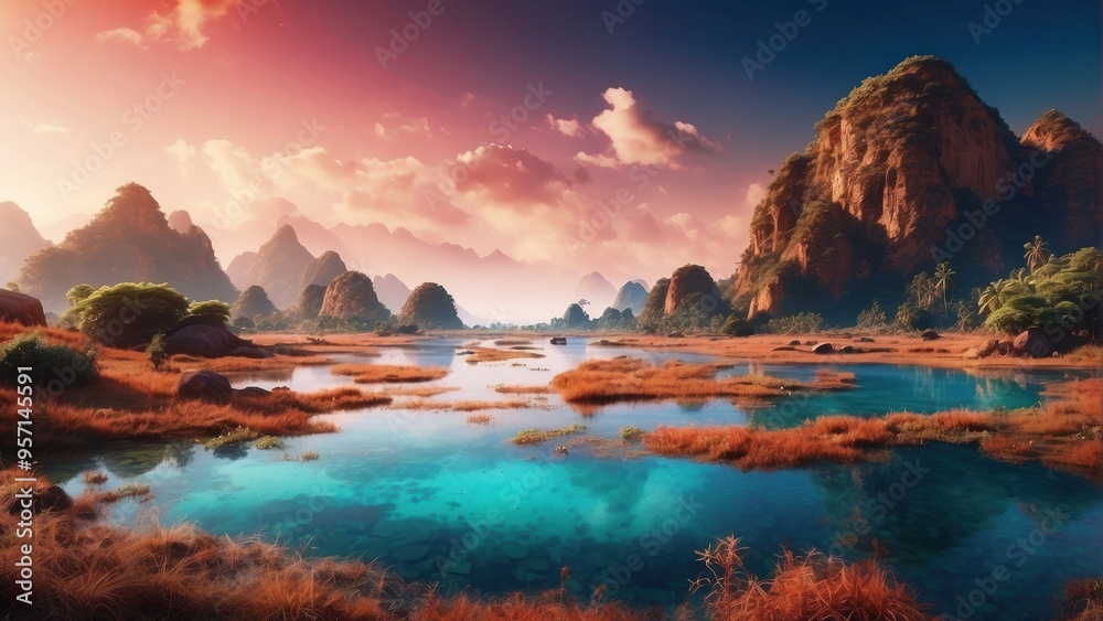 Terrestrial views of exotic abstraction, landscape of sea and mountains Terrestrial views of exotic abstraction, landscape of sea and mountains
