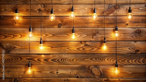 Warmly lit, rustic, repeating wooden planks with prominent grain patterns and subtle knots create a cozy, natural, and inviting background or design element. photo