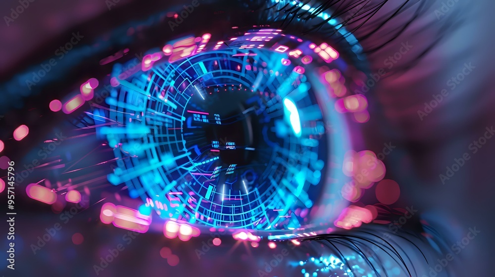 Futuristic close-up of a human eye with digital, high-tech interface overlay, symbolizing artificial intelligence, cybersecurity, and advanced technology. Perfect for innovative design use in techno Futuristic close-up of a human eye with digital, high-tech interface overlay, symbolizing artificial intelligence, cybersecurity, and advanced technology. Perfect for innovative design use in techno