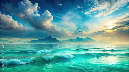 Vibrant turquoise waves swirl with abstract shapes, blending seamlessly into a misty horizon, evoking a sense of serenity and infinite possibility in this dreamy ocean scene. photo