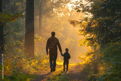 Father and son walking in forest in backlight.