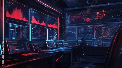 Futuristic Monitoring Room with Computer Screens