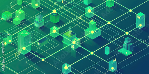 A network diagram of supply chain partners, each node color-coded for easy identification, using shades of green and blue.