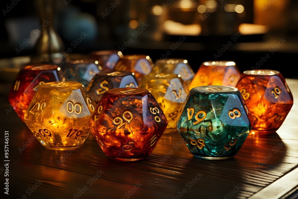 set of glowing amber polyhedral dice arranged on a wooden surface, surrounded by candles, creating a warm and mystical ambiance. The image is perfect for evoking themes of tabletop role-playing set of glowing amber polyhedral dice arranged on a wooden surface, surrounded by candles, creating a warm and mystical ambiance. The image is perfect for evoking themes of tabletop role-playing