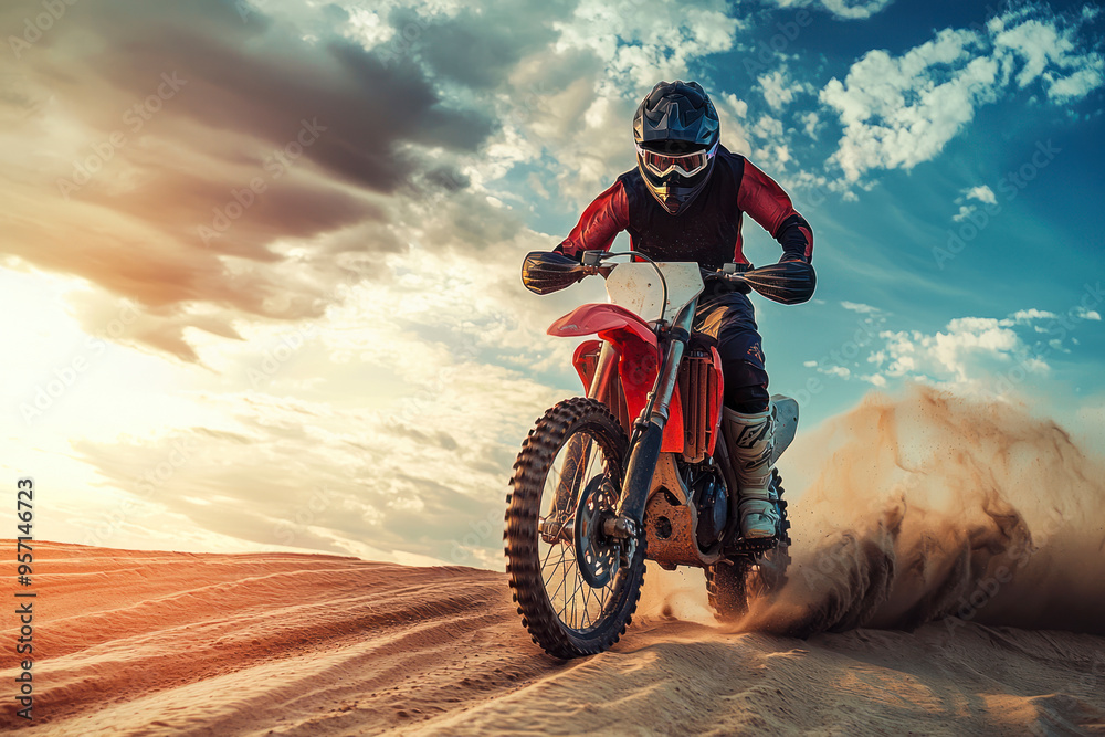 Naklejka premium Man riding dirt bike on sand against sky.