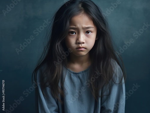 Navy background sad Asian child Portrait of young beautiful in a bad mood child Isolated on Background, depression anxiety fear burn out health 