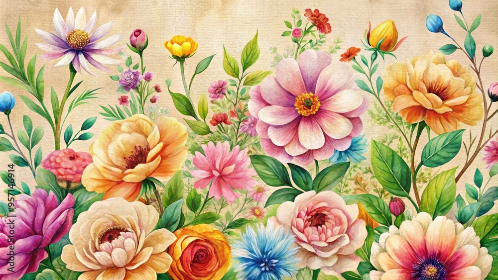 Vibrant watercolor illustration of blooming flowers on a neutral beige canvas background, perfect for spring or summer-themed designs, wrapping paper, or digital projects.