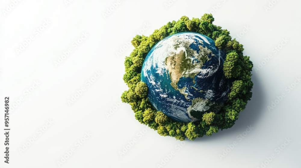 Fototapeta premium A vibrant 3D rendering of the globe, surrounded by trees and greenery, with rich green and blue tones, set on a pure white background