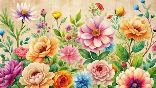 Vibrant watercolor illustration of blooming flowers on a neutral beige canvas background, perfect for spring or summer-themed designs, wrapping paper, or digital projects.