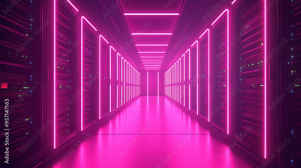 3D Render of Data Center With Glowing Neon Lights 3D Render of Data Center With Glowing Neon Lights