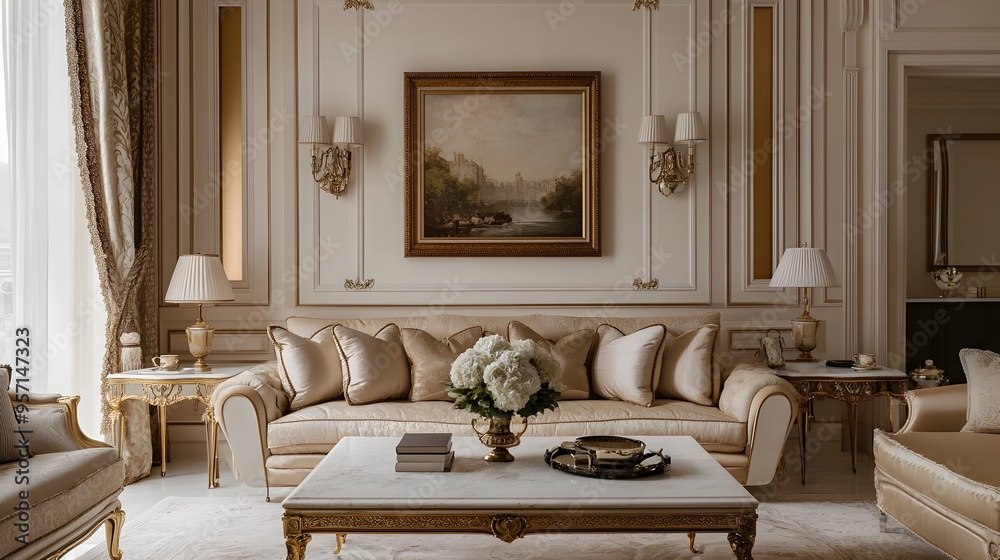 Elegant and Sophisticated Living Room with a Marble Coffee Table Refined Lighting Fixtures and Traditional Artwork Adorning the Walls for a Classic Ambiance Elegant and Sophisticated Living Room with a Marble Coffee Table Refined Lighting Fixtures and Traditional Artwork Adorning the Walls for a Classic Ambiance