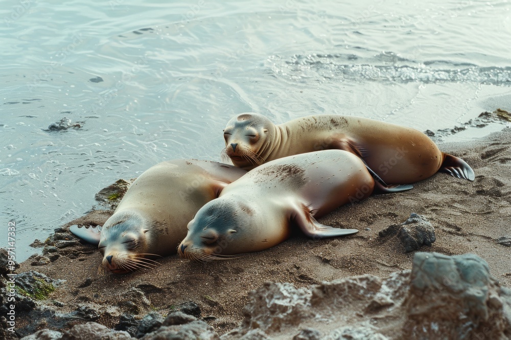 Fototapeta premium Three sea lions lie contentedly on a sandy beach by the water's edge, exuding warmth and tranquility as they bask in the sunlight.