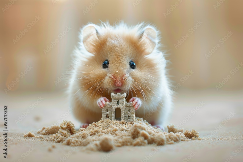 A small, furry hamster sits on a pile of sand, carefully constructing a miniature sandcastle with its tiny paws A small, furry hamster sits on a pile of sand, carefully constructing a miniature sandcastle with its tiny paws