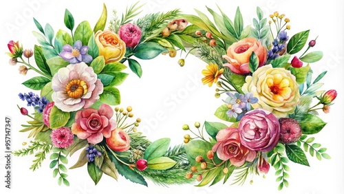 Wallpaper Mural Vibrant watercolor wreath adorned with lush greenery, delicate flowers, and ornate details, created with expressive brushstrokes and whimsical charm, evoking feelings of warmth and celebration. Torontodigital.ca