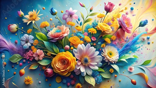 Vibrant, whimsical floral arrangement of delicate petals and leaves dissolves into swirling, expressive brushstrokes of pink, blue, and yellow, evoking joyful, dreamlike abstraction.