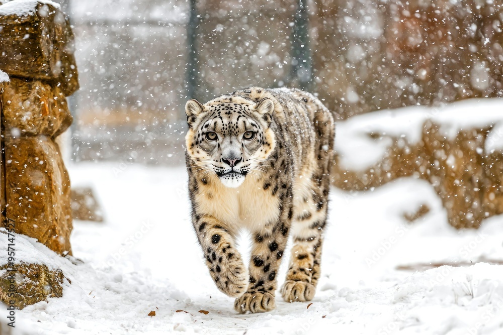 Obraz premium Snow Leopard Walking Through Snow