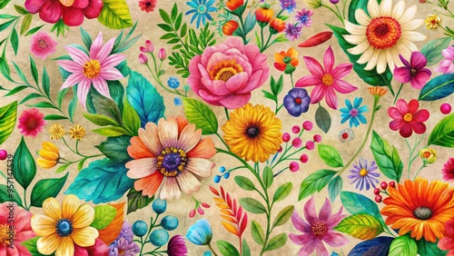 Wallpaper Mural Vibrant, whimsical floral pattern of colorful blooms and delicate leaves on a seamless, textured canvas background, perfect for creative and artistic projects. Torontodigital.ca