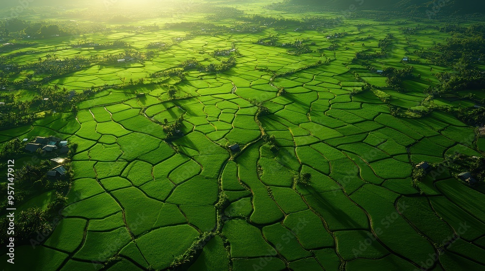 Fototapeta premium Aerial view of lush green rice fields showcasing intricate patterns and textures under the warm sunlight.