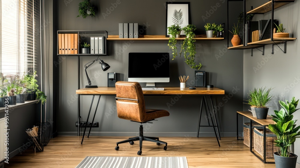 Modern Home Office Design with Gray Walls and Natural Elements Modern Home Office Design with Gray Walls and Natural Elements