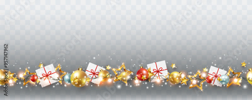 Border with gold stars, red balls, lights isolated on transparent background. Xmas seamless banner. Vector Christmas tree garland decoration