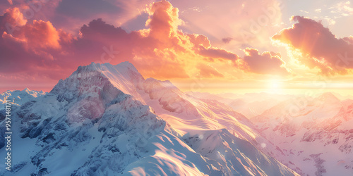 A majestic snowy mountain range at sunrise with golden clouds, creating a breathtaking and serene landscape