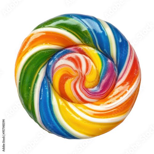 A vibrant and colorful swirl lollipop featuring bright rainbow colors, perfect for sweet treats or candy