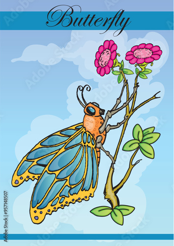 butterfly on the tree branch vector illustration with flower and sky background