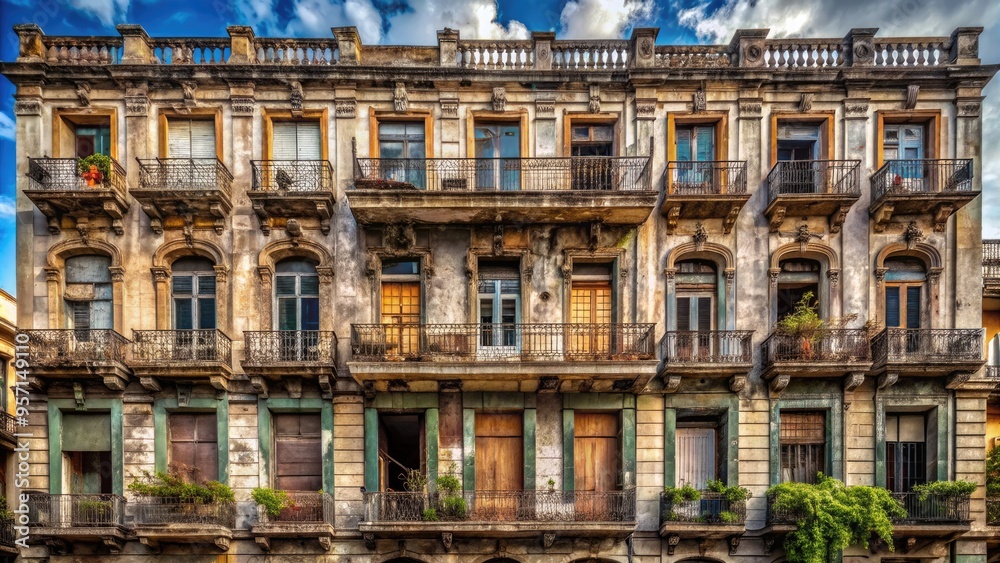 Fototapeta premium Weathered façade of a vintage hotel stands tall, its faded signage, ornate balconies, and worn stonework evoking a sense of nostalgic elegance and forgotten grandeur.