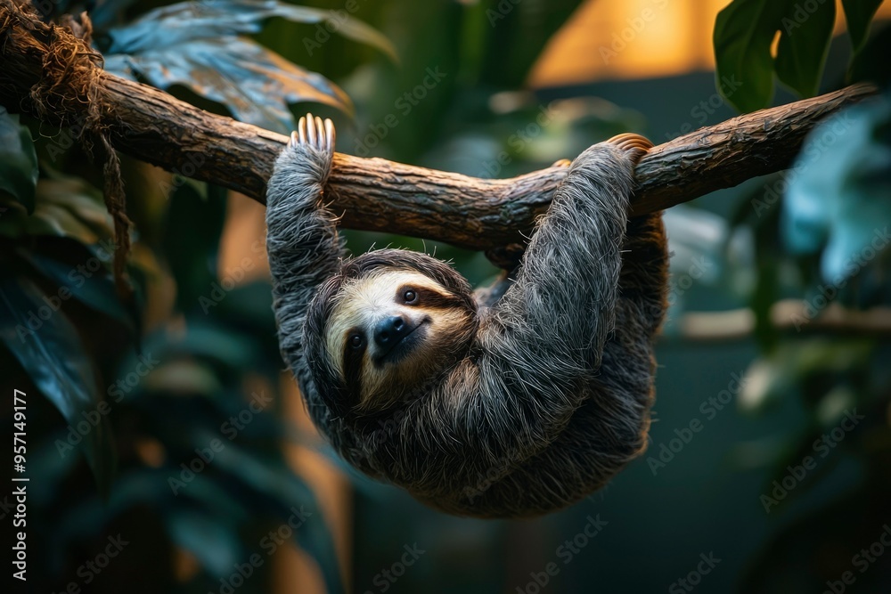 Naklejka premium A Sloth Hanging Upside Down on a Branch in a Forest