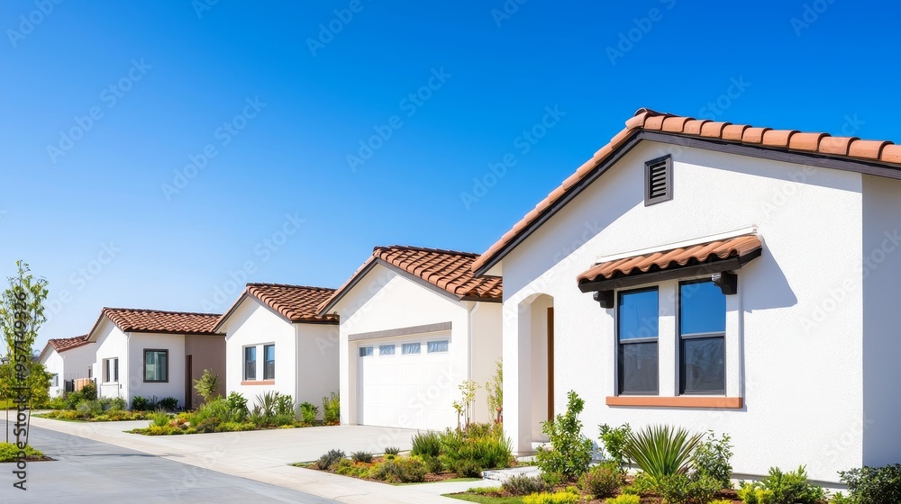 Elegant, single-story houses with clean landscaping under a clear blue sky, highlighting the appeal of modern suburban developments Elegant, single-story houses with clean landscaping under a clear blue sky, highlighting the appeal of modern suburban developments