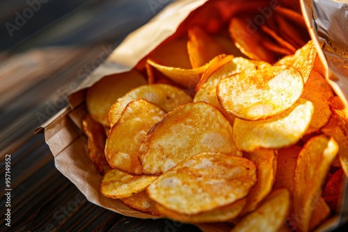 A bag of golden, crispy potato chips spills over, capturing the texture and crunch of its contents.