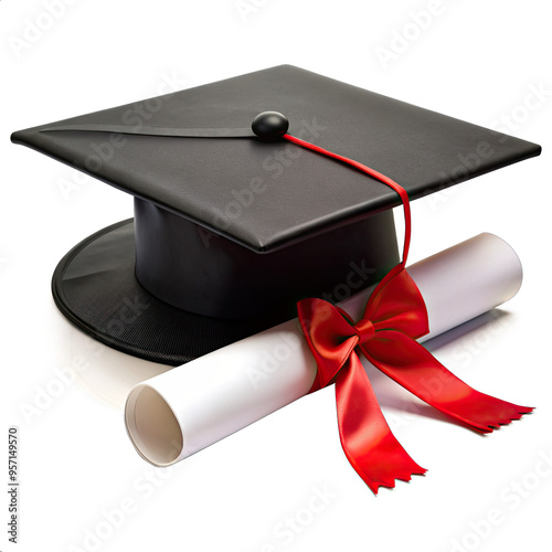 A black graduation cap and diploma with a red ribbon are isolated on a white background