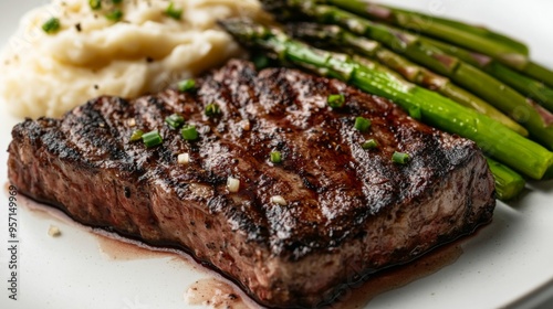 A close-up of a juicy New York strip steak with a side of garlic mashed potatoes and steamed asparagus, showcasing the steaka texture and the disha elegant presentation on a white backdrop photo