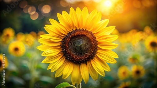 Vibrant yellow petals and dark center of a mature sunflower bloom in sharp focus, set against a soft, blurred background of natural summer tones.