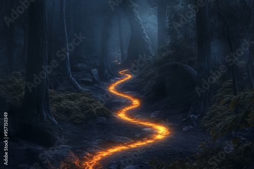 Dark forest with a glowing path. Journey into the unknown concept