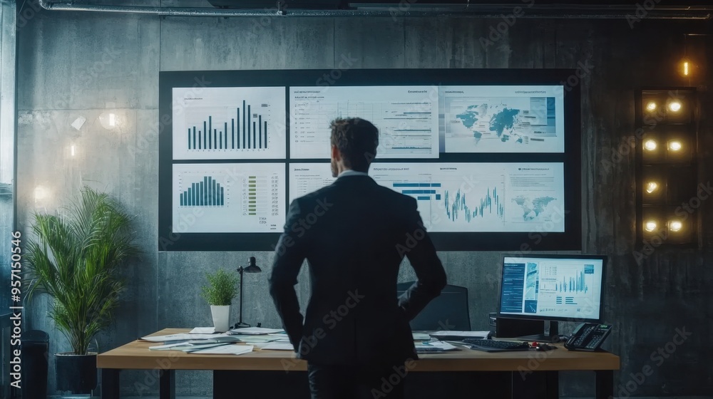 imagine a marketing manager strategizing with charts and plans in a modern office imagine a marketing manager strategizing with charts and plans in a modern office