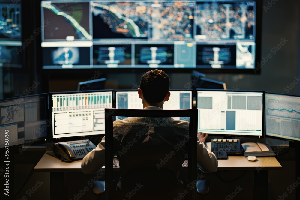A person sits in a control room, monitoring multiple screens displaying data and maps, indicating high-tech surveillance or management. A person sits in a control room, monitoring multiple screens displaying data and maps, indicating high-tech surveillance or management.