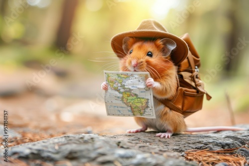 A hamster dressed as a tourist with a tiny backpack and map, exploring a wooded path