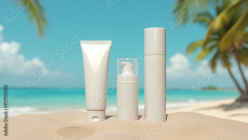 A cosmetic cream tube bottle on a beach scene