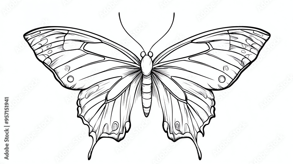 A detailed line drawing of a butterfly with its wings spread wide. A detailed line drawing of a butterfly with its wings spread wide.