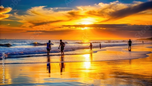 Warm golden light casts a serene silhouette of figures against a vibrant blue horizon, as gentle waves caress the tranquil shores of a picturesque beachscape.